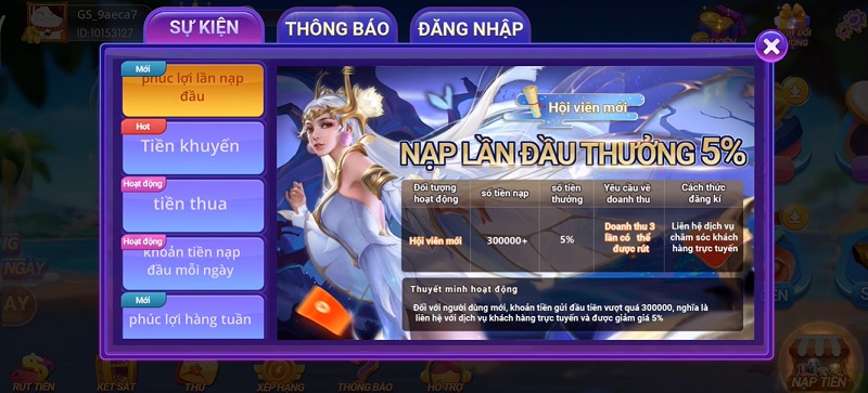 Người chơi mới hưởng ưu đãi tương ứng với 5% giá trị tiền nạp lần đầu